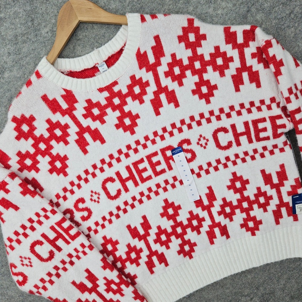 NEW Arizona Sweater Womens Juniors White Red XL Cheers Fair Isle Knit Holiday